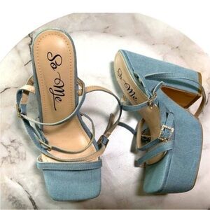 So Me Vintage Blue Denim Rhinestone Ankle Strappy Platform Heels
